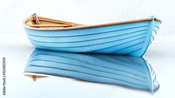 Fototapeta   A blue boat floating on water with a wooden paddle boat nearby on a white background