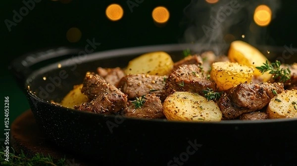 Fototapeta   A close-up of a pan with meat and potatoes emitting smoke