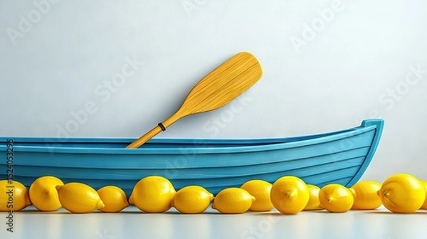 Fototapeta  A blue boat with lemons on its sides and a paddle sticking out