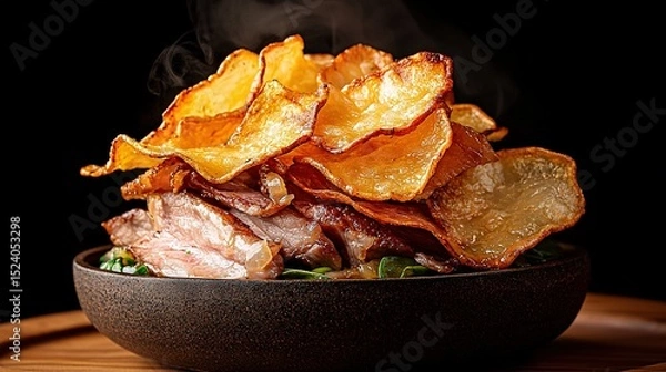 Fototapeta   A bowl of potato chips sits atop a wooden table, beside a steaming hot sauce and a cup of tea