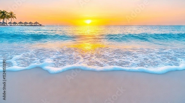 Fototapeta   The sun sets over the ocean with a beach in the foreground and palm trees in the distance