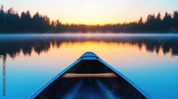 Fototapeta   A canoe rests on water, surrounded by towering trees and a hazy sky above