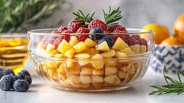 Fototapeta   A bowl of fruit packed with juicy berries, sweet pineapples, plump blueberries, luscious raspberries, and bright oranges