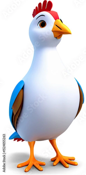 Fototapeta Full body view showcases a vibrant and glossy 3D cartoon bird with detailed, stylized rendering.