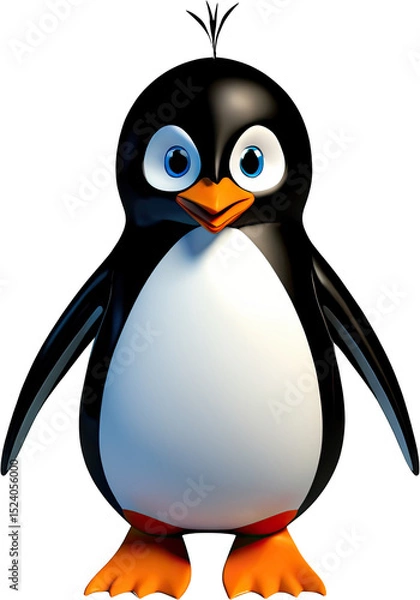 Fototapeta A glossy, 3D render showcases a whimsical cartoon penguin standing on a black background, full shot.