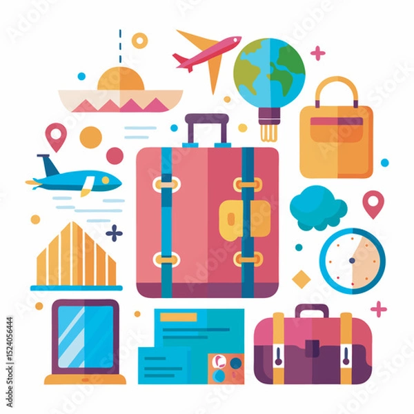 Fototapeta Flat travel vector illustration with vacation elements