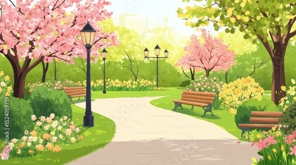 Obraz A springtime park scene with winding path, blossoming trees, and park benches