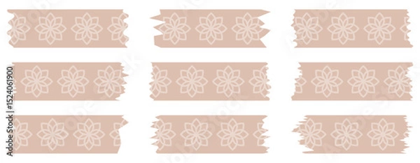 Obraz Set of beige washi tapes with pattern isolated on white. Tapes collection in vector. Pieces of decorative tape for scrapbooks. Torn paper. Spring, summer