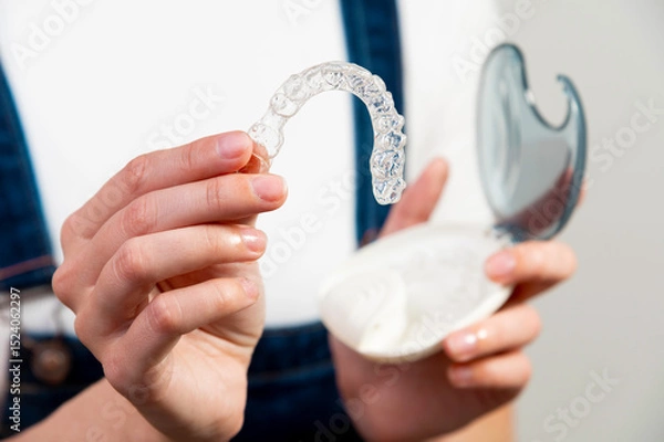 Obraz Hands of a Caucasian young woman holding dental aligners and a case for them