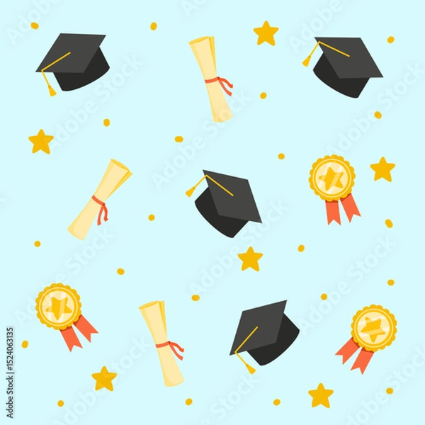 Obraz Seamless pattern of graduation caps, diplomas, medals, and stars. Ideal for backgrounds, wrapping paper, or school design.