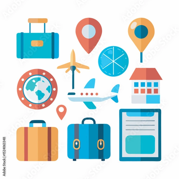 Fototapeta Flat travel icons with suitcase and airplane 