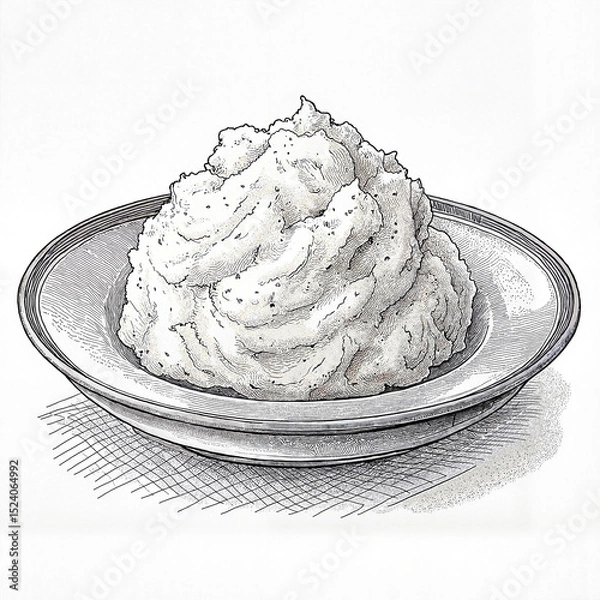 Obraz Mashed potatoes on plate in detailed monochrome drawing for vintage cookbook or classic menu design