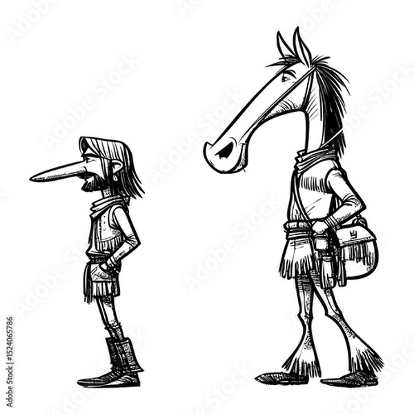 Fototapeta A black and white cartoon drawing featuring a man with an elongated nose and a horse man. Both figures are standing next to each other.