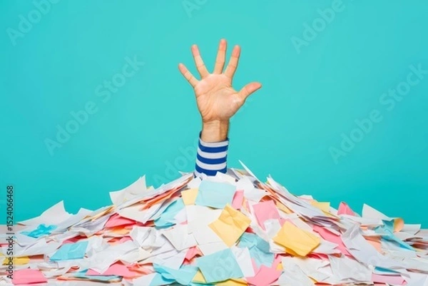 Obraz A hand reaching out from a massive pile of paperwork and documents, symbolizing workplace stress, overload.