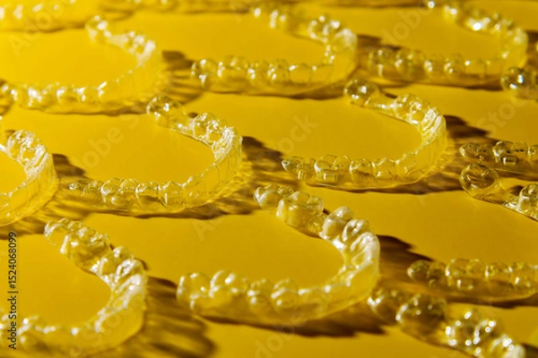 Obraz Orthodontic silicone aligner background. Advertisement of invisible braces retainer. Medical website concept. Pros and cons of aligners. Yellow saturated background
