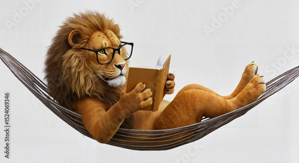Fototapeta Cartoon lion wearing glasses reading a book while relaxing in a hammock  