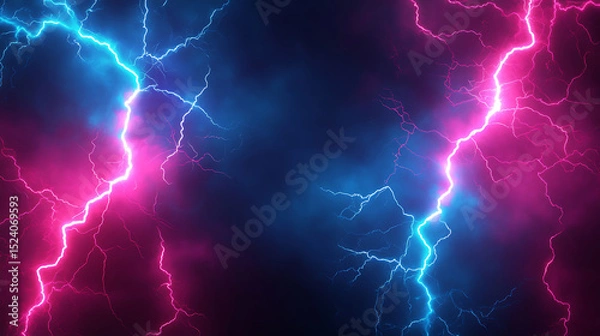 Fototapeta Dramatic lightning strikes against a dark blue cloudy sky with electric pink and blue hues creating a dynamic display of atmospheric energy