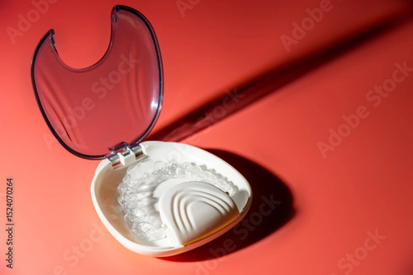 Obraz Transparent aligners and storage case. Invisible braces. Clear teeth straighteners. plastic bracers ready to use