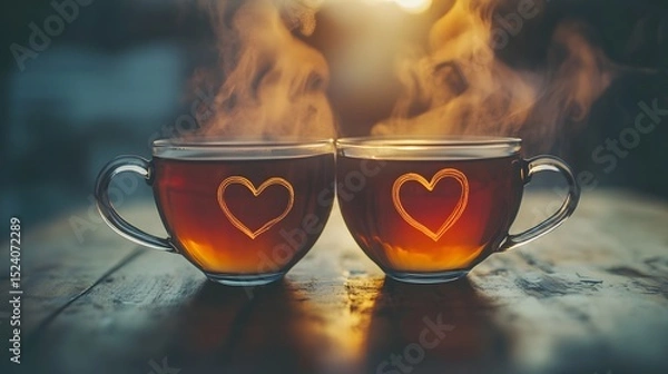 Fototapeta Two hearts made from string lights on a dark background glowing warmly