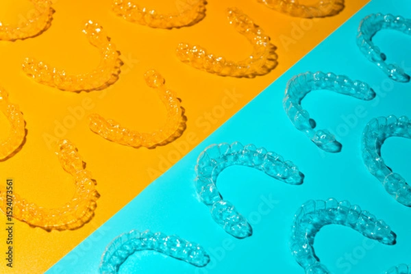 Obraz Braces, invisible aligners. cyan and orange background. Prevention and treatment of gums and teeth, modern jaw straightening