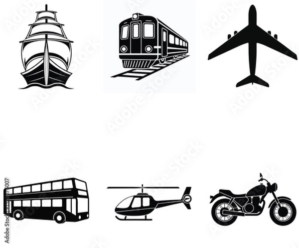 Obraz Simple Vehicle Silhouettes Train, Ship, Motorcycle