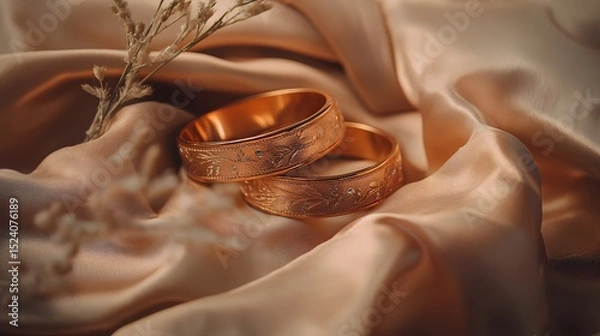 Fototapeta Two matching bracelets resting on a soft fabric with romantic ambiance