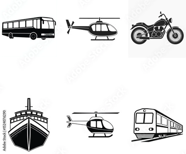 Obraz Black Silhouette Collection Airplane, Bus, Helicopter, and More