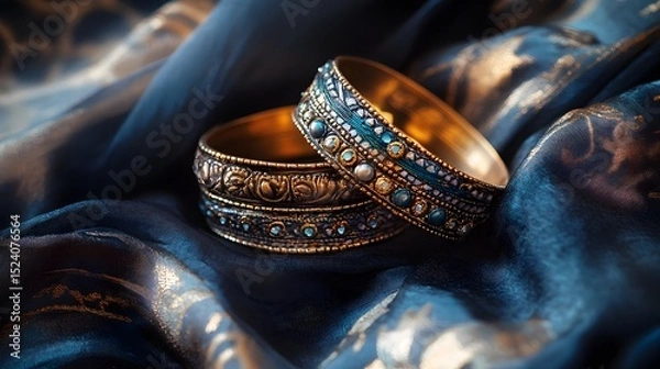 Fototapeta Two matching bracelets resting on a soft fabric with romantic ambiance