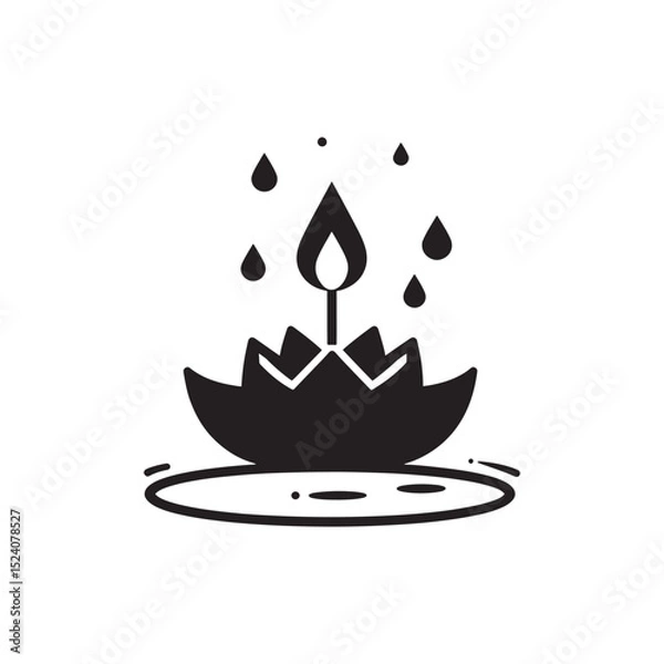Fototapeta A black and white silhouette showcasing a candle within a lotus flower, symbolizing peace, focus, and spiritual growth, accompanied by water droplets depicting tranquility and the essence of nature.
