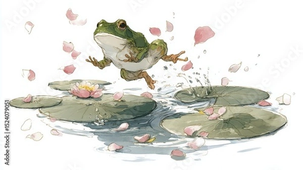 Fototapeta Pastel watercolor illustration of a playful frog jumping between lily pads in a crystal clear pond surrounded by floating petals