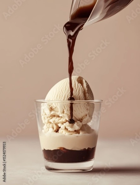 Fototapeta Affogato. Ice cream vanilla with espresso. Cup of Coffee on gray background. 