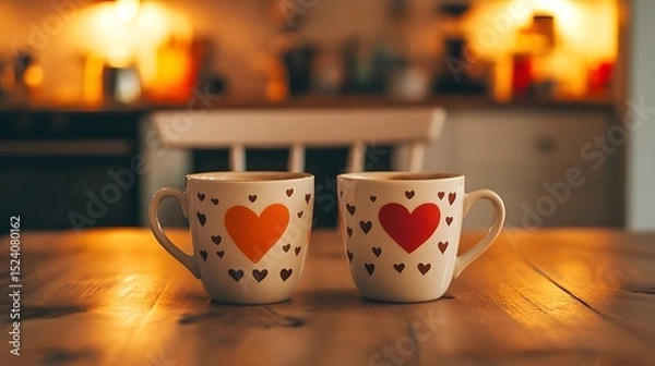Fototapeta Two coffee cups with heart-shaped foam designs placed side by side on a cozy kitchen table