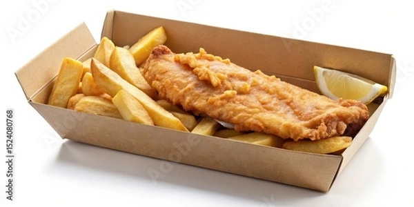 Fototapeta A plate of fish and chips placed in a cardboard take away box with a lid slightly opened