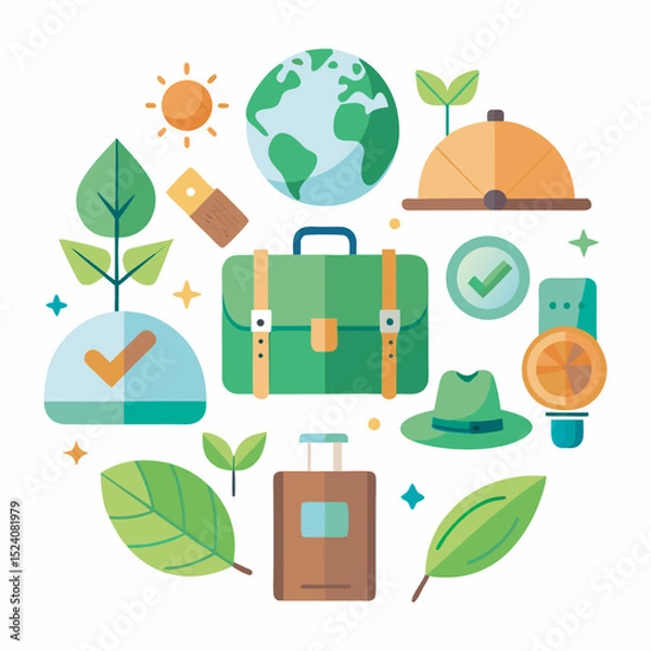 Fototapeta Green travel essentials with leaves and backpack