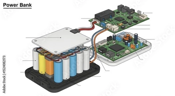 Obraz Exploded view of a power bank showing batteries and circuit boards connected by wires