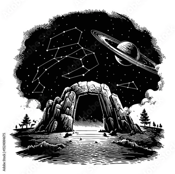 Fototapeta Intricate Engraving of Celestial Landscape with Stars and Rock Arch