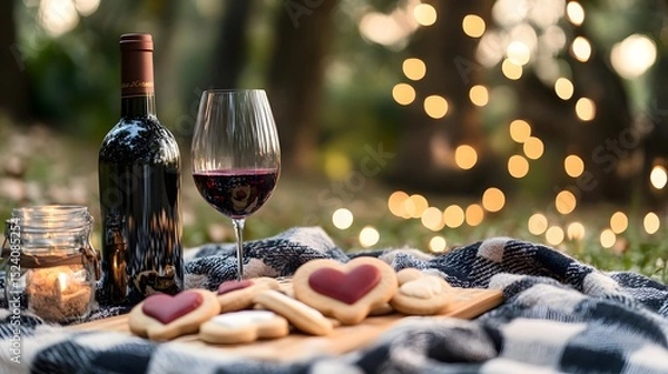 Fototapeta A romantic picnic scene with heart-shaped cookies and a bottle of wine placed on a checkered blanket