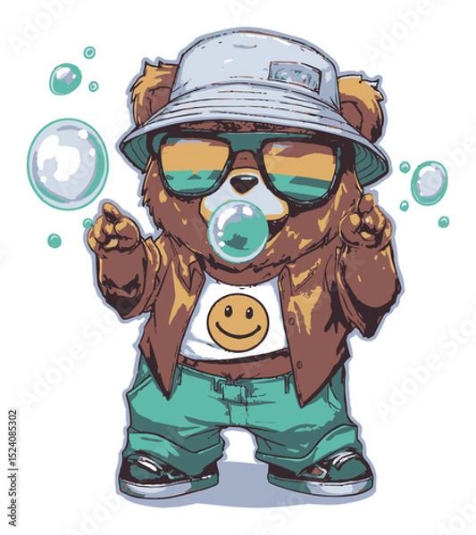 Fototapeta Cartoon Bear Character with Sunglasses and Bubble in Fun Art Style
