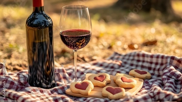 Fototapeta A romantic picnic scene with heart-shaped cookies and a bottle of wine placed on a checkered blanket