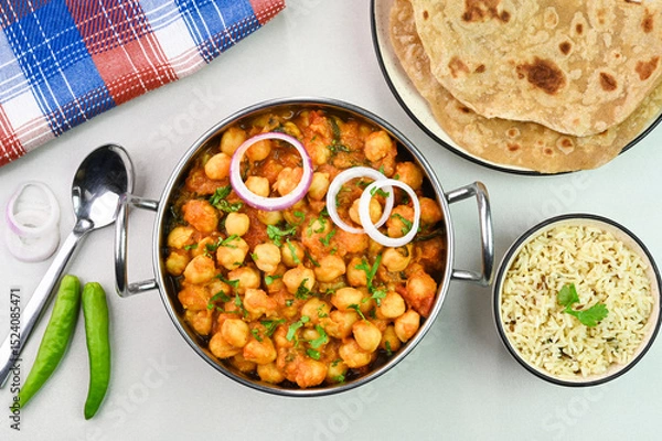 Obraz Serving chana masala dish with roti and rice.