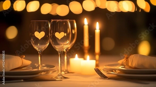 Fototapeta A candlelit dinner for two with heart-shaped candles flickering softly in the background