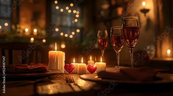 Fototapeta A candlelit dinner for two with heart-shaped candles flickering softly in the background