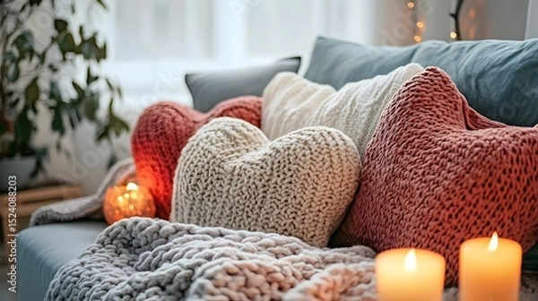Fototapeta A cozy home setting with heart-shaped pillows placed on a couch and a soft throw blanket