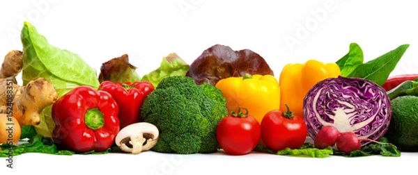 Fototapeta Arrangement of vegetables in appetizing colors in a row, representing a healthy lifestyle and fitness, studio shot isolated on white
