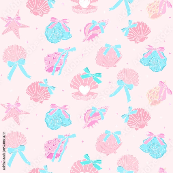 Obraz Retro coquette Summer seamless pattern seashells with bow in pastel beach vibe for cute girly fabric and digital surface design