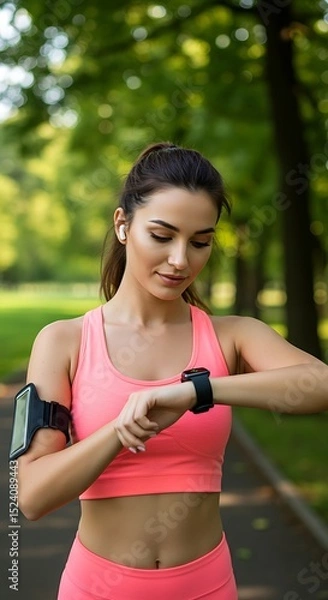Obraz Female runner checking fitness stats on AI-powered smartwatch after morning jog