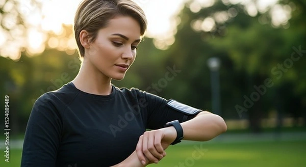 Obraz Female runner checking fitness stats on AI-powered smartwatch after morning jog