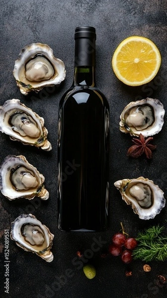 Fototapeta A bottle of wine surrounded by fresh oysters and a slice of lemon, creating an elegant and appetizing still life perfect for culinary enthusiasts and food photography lovers.