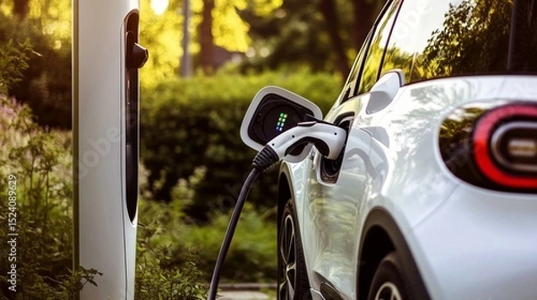Fototapeta Electric vehicle charging at a station surrounded by lush greenery, showcasing modern technology's role in promoting sustainable energy solutions and eco-friendly transportation options.