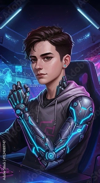 Obraz Digital painting of esports player with cybernetic enhancements in neon-lit arena